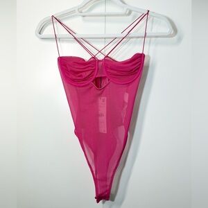 ZARA Sheer Pink Strappy Corset Bodysuit | Y2K Night-Out Top | S